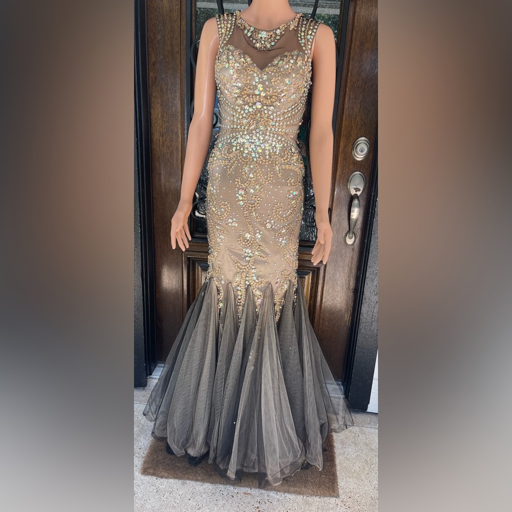 Stunning Black & Metallic Tan Formal Dress